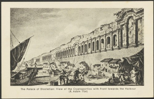 Dioklecijanova palača: Kriptoportik s pročeljem prema gradskoj luci (R. Adam 1764)