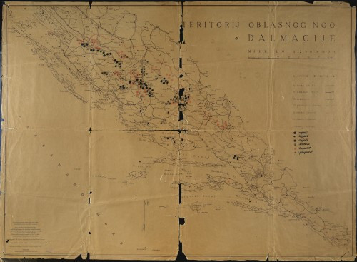 Teritorij oblasnog NOO Dalmacije : legenda : glavna cesta, sporedna cesta, željeznica, željeznica u gradnji. granica oblasti, granica okruga, granica kotara / [NOO Dalmacije]