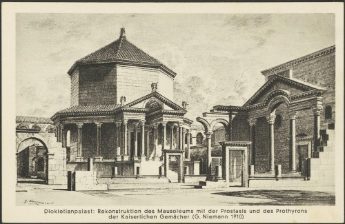 Dioklecijanova palača: Rekonstrukcija Mauzoleja s prostazom i Protrona carskih odaja (G. Niemann 1910)